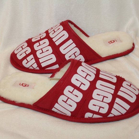 NIB‎ UGG MEN'S SCUFF LOGO RED WHITE SLIPPERS - Picture 1 of 8